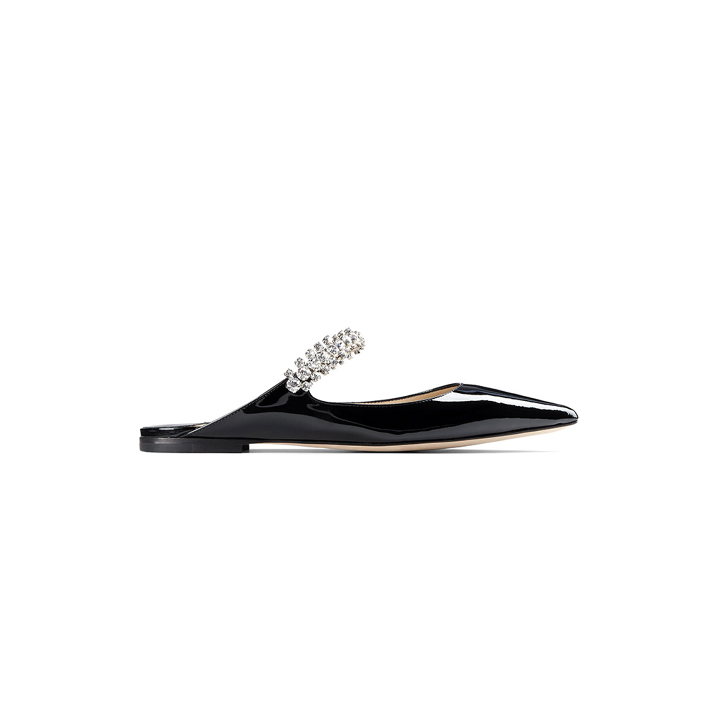 J1m*y Ch00 BLACK PATENT LEATHER MULES WITH CRYSTAL STRAP BINGFLATPAT010003 Master Quality
